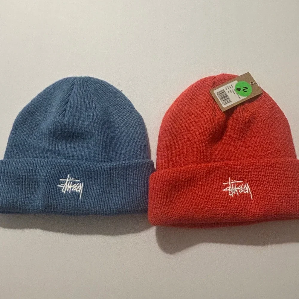 Stussy Stock Cuff Beanie Bundle Blue & Orange Red Knit Hat Set NWT Streetwear
